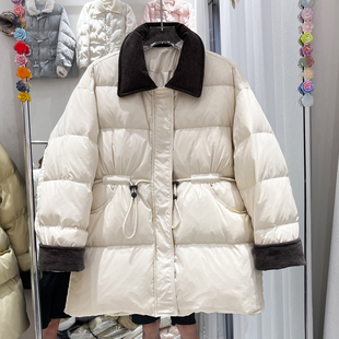 2025冬季新品女中长款撞色灯芯绒小个子收腰羽绒服韩版白鸭绒外套