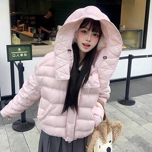 新国标90白鸭绒豌豆排骨连帽羽绒服女短款宽松泡芙弯刀袖保暖外套