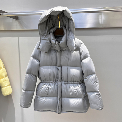 高端杜邦三防 新国标95白鸭绒 女士缎面中长款收腰连帽加厚羽绒服