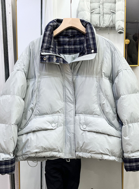2025冬装新款高级感女格纹拼接短款小个子立领羽绒服白鸭绒面包服