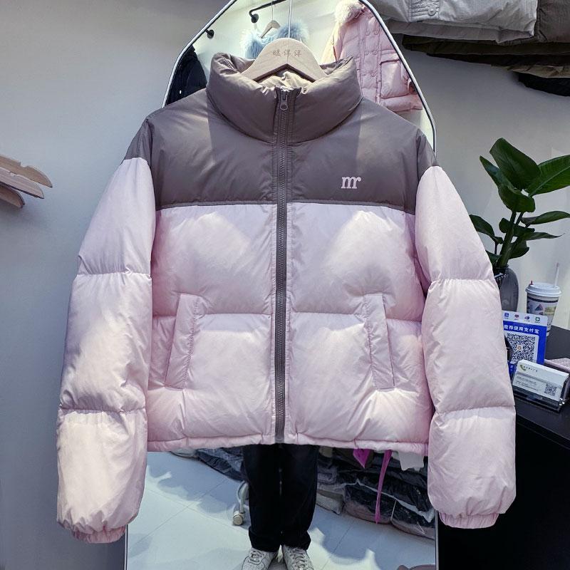 清仓特价！2025冬款加厚女士连帽羽绒服白鸭绒撞色短款面包服外套