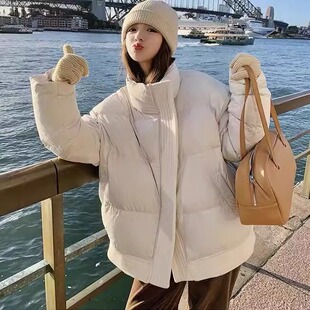 小众设计师款女小个子立领羽绒服斜拉链韩版宽松加厚白鸭绒面包服