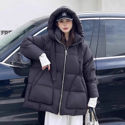 新国标90白鸭绒高端欧货女中长款泡芙龟背连帽羽绒服宽松厚面包服