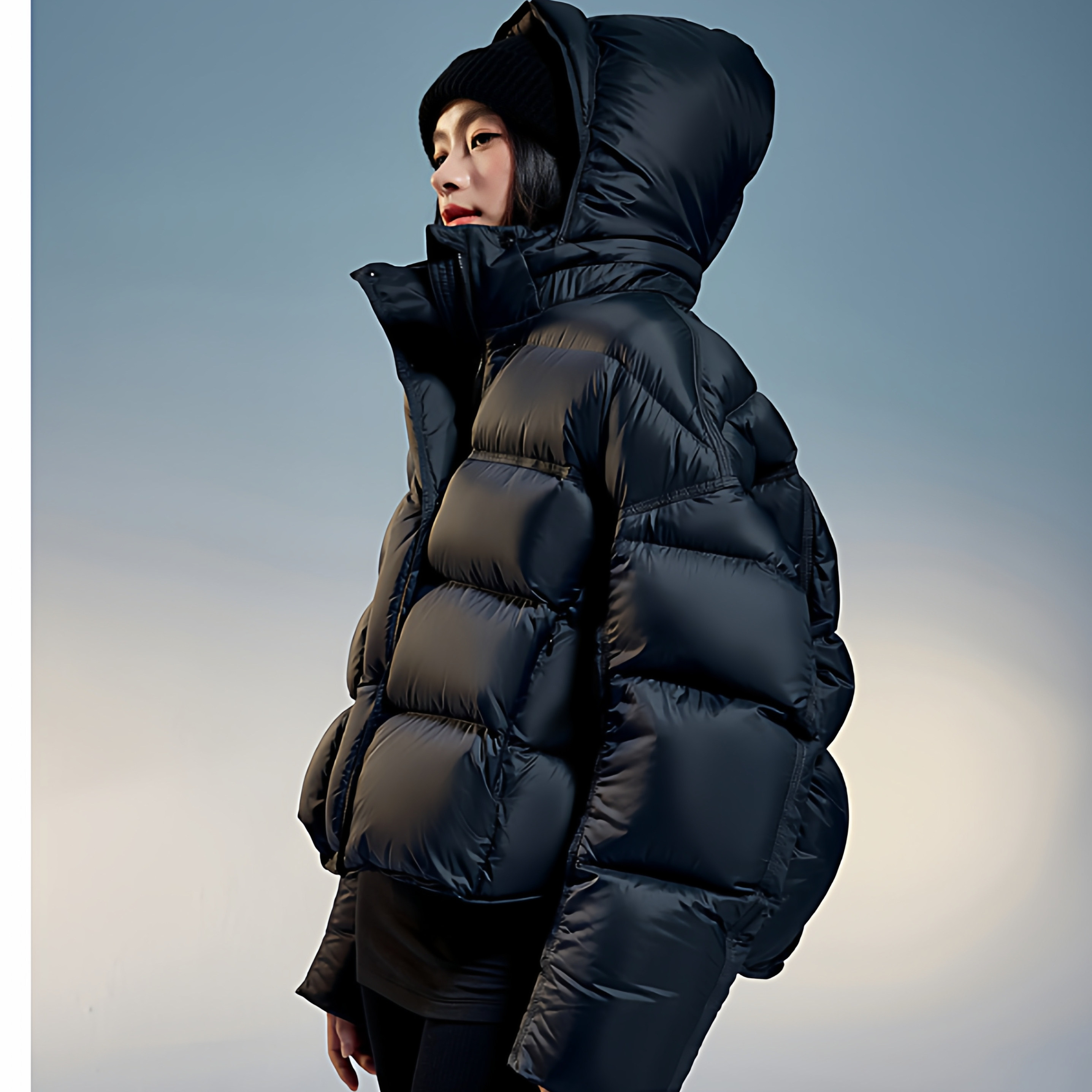 波家同款新国标90白鸭绒女冬加厚弯刀袖连帽短款小个子泡芙羽绒服