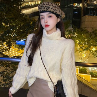 高领麻花毛衣秋冬2021新款慵懒风厚实宽松短款针织衫外套上衣女潮