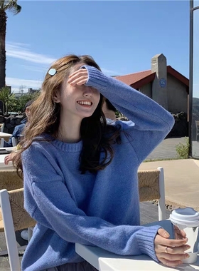 软奶蓝色圆领毛衣女仙女宽松外穿网红慵懒风套头秋冬糖果色上衣厚