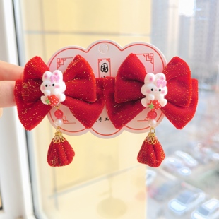 儿童新年款发饰红色蝴蝶结福袋对夹可爱草莓兔汉服喜庆过年发卡