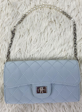 品牌撤柜新款菱格链条女包高级单肩包天蓝色年轻时尚法式手提包包