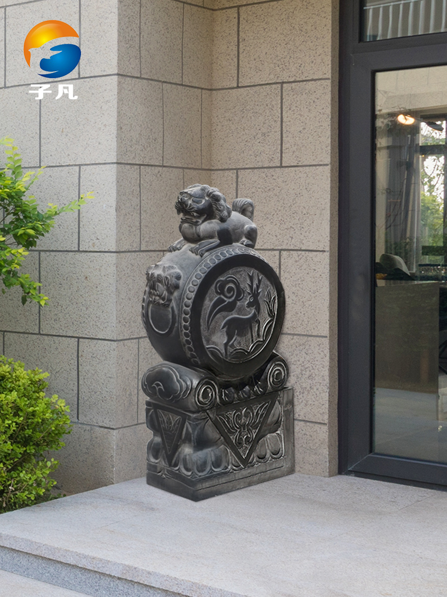 子凡石狮子石鼓门墩石雕抱鼓石彷古一对家用青石汉白玉门口摆件小