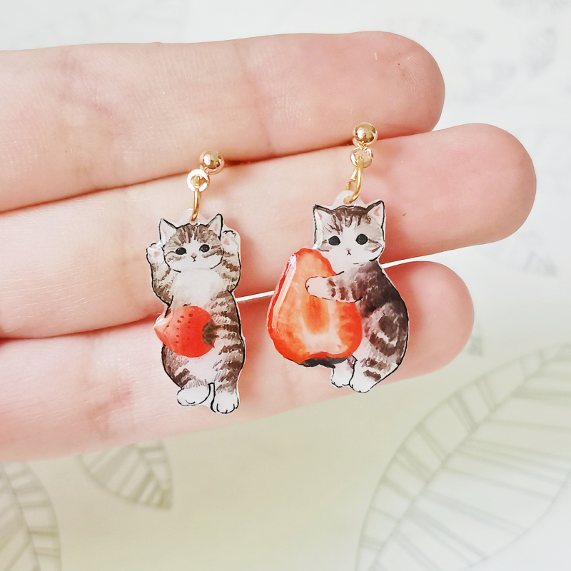 可爱虎斑草莓猫咪925纯银耳钉