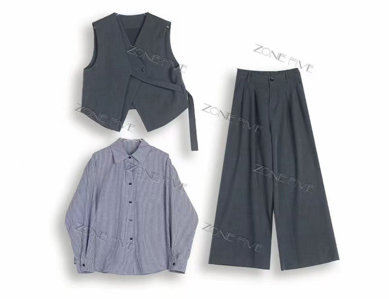 【爆米花粉丝专享】珩绣马甲条纹衬衫长裤新款三件套Y-T25836