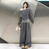 休闲套装 上衣宽松阔腿裤 挂脖长袖 春夏韩系优雅气质假两件撞色时尚