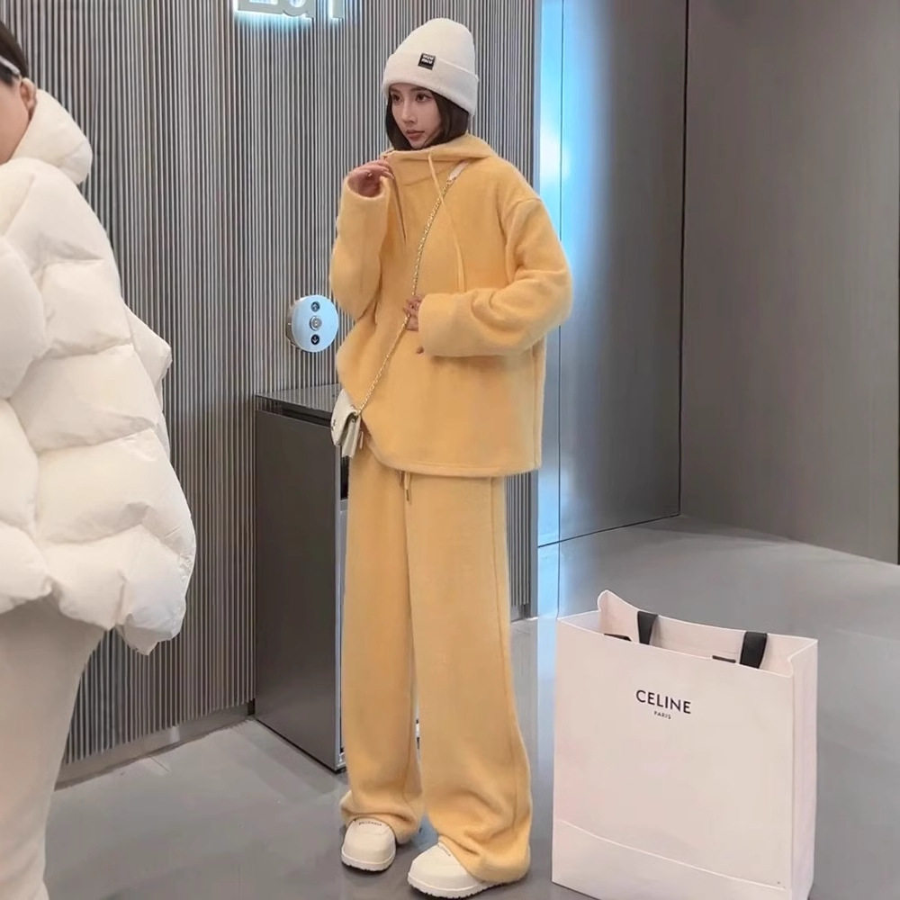 秋冬慵懒时尚松弛感半拉链保暖舒适连帽卫衣高腰阔腿裤休闲套装女