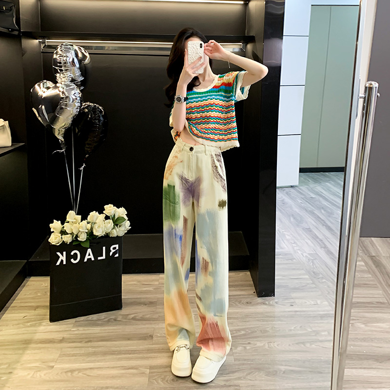 2025女夏休闲运动套装女夏季潮牌时尚个性炸街牛仔阔腿裤两件套