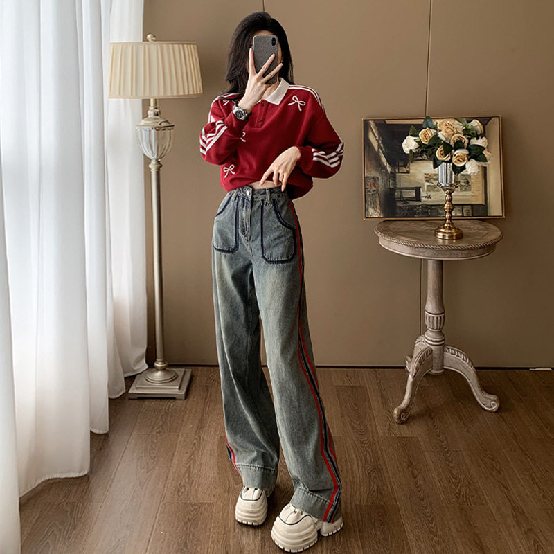 宽松休闲翻领立体蝴蝶条纹长袖T恤高腰拼色牛仔长裤时尚洋气套装