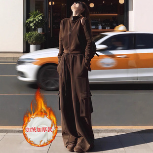 秋冬加绒保暖立领修身显瘦长袖外套高腰阔腿工装裤休闲运动套装女