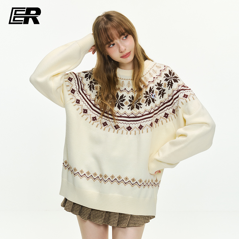 ER费尔岛提花套头针织衫毛衣女早秋新款慵懒风软糯通勤穿搭上衣