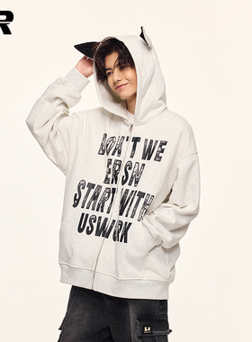 【张泽禹同款】ER斑驳字母印花杜宾犬卫衣小狗耳朵连帽外套开衫