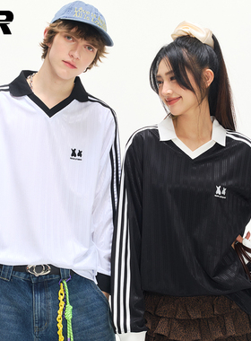 ER三条杠v领缎面球服长袖T恤女2025春秋oversize美式高街运动上衣