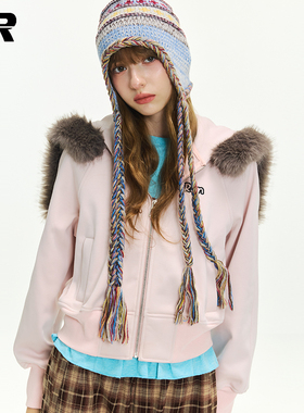 ER美式复古毛领开衫连帽卫衣女2025秋季潮牌休闲短款运动上衣外套