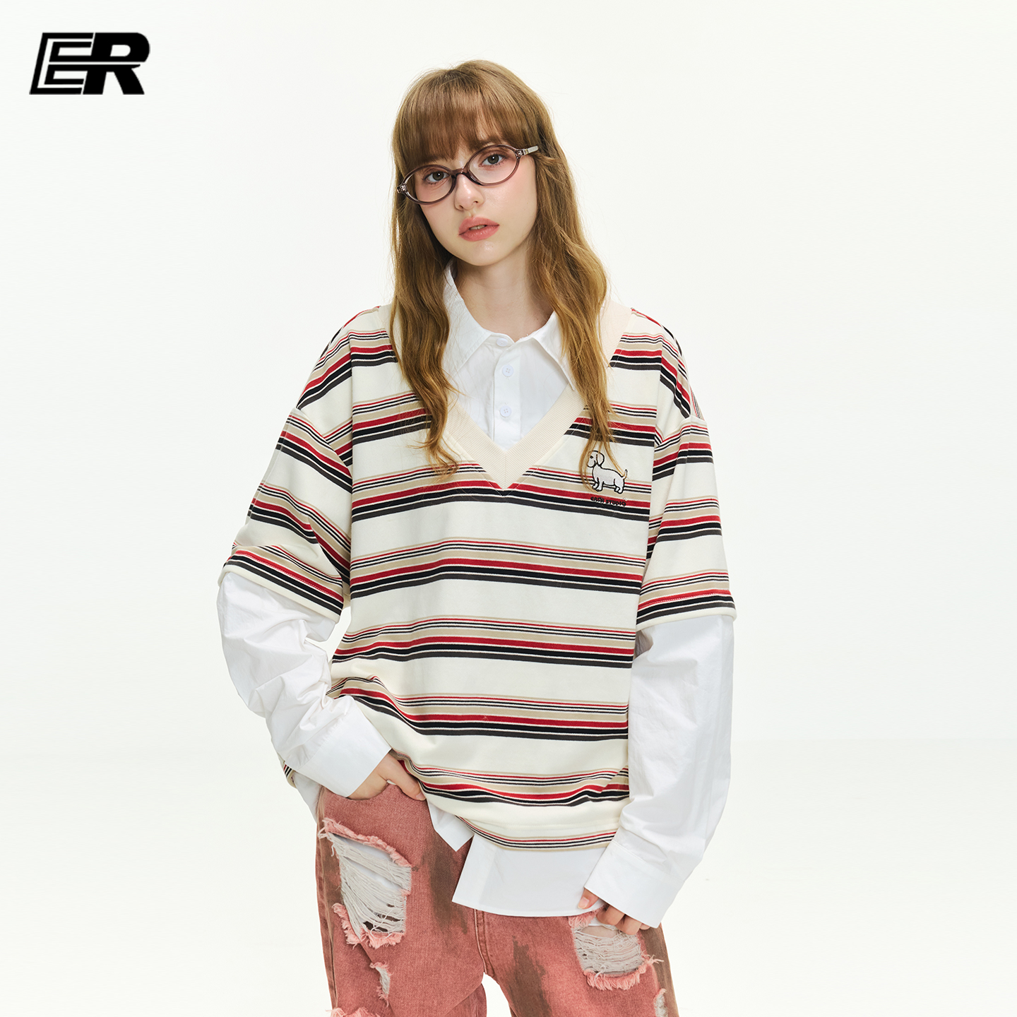 ER假两件条纹Polo领卫衣男女2025秋季学院风宽松长袖T恤上衣