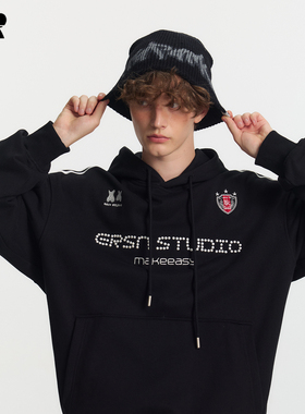 ER条纹贴珠字母连帽卫衣2025秋季美式潮牌复古户外运动情侣外套