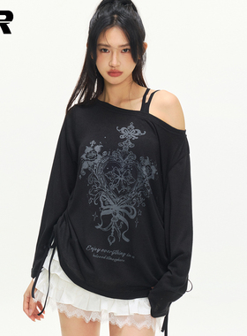 ER甜辣妹斜肩涂鸦防晒罩衫女夏季薄款纯欲露肩长袖t恤设计感上衣