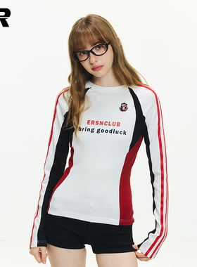 ER撞色拼接插肩袖掐腰长袖t恤女春秋季美式赛车风条纹圆领上衣潮