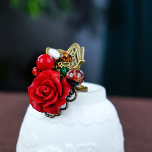 女复古朱砂玫瑰食指指环夸张jisoo花装饰戒指不掉色戒子古风