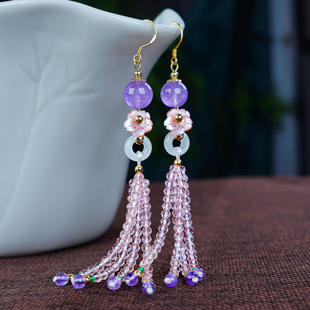 新中式紫水晶花朵流苏耳环女长款气质高级感耳饰原创设计复古耳坠