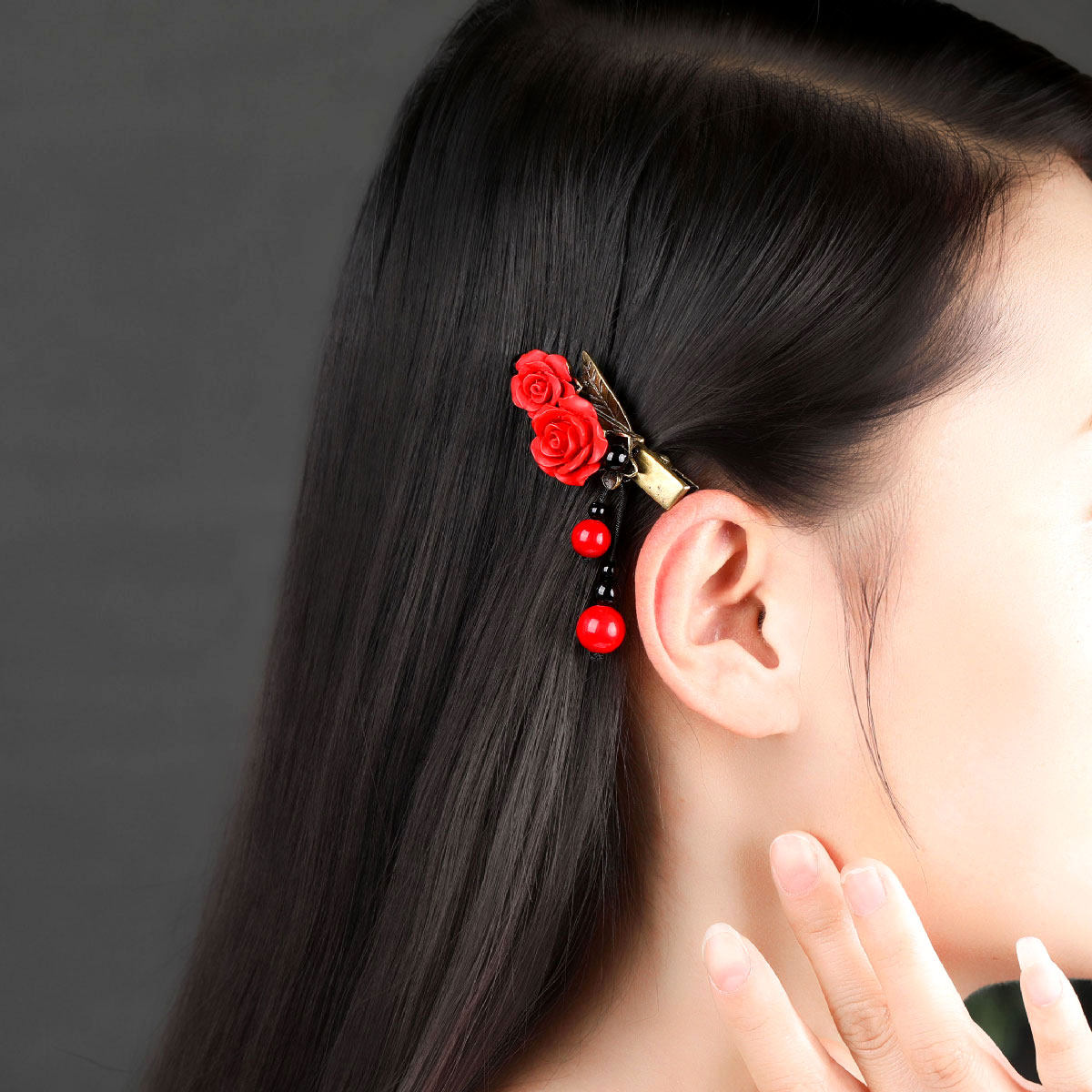 复古小发夹刘海夹国风侧夹鬓角夹配旗袍头饰品女红色中式装饰夹子