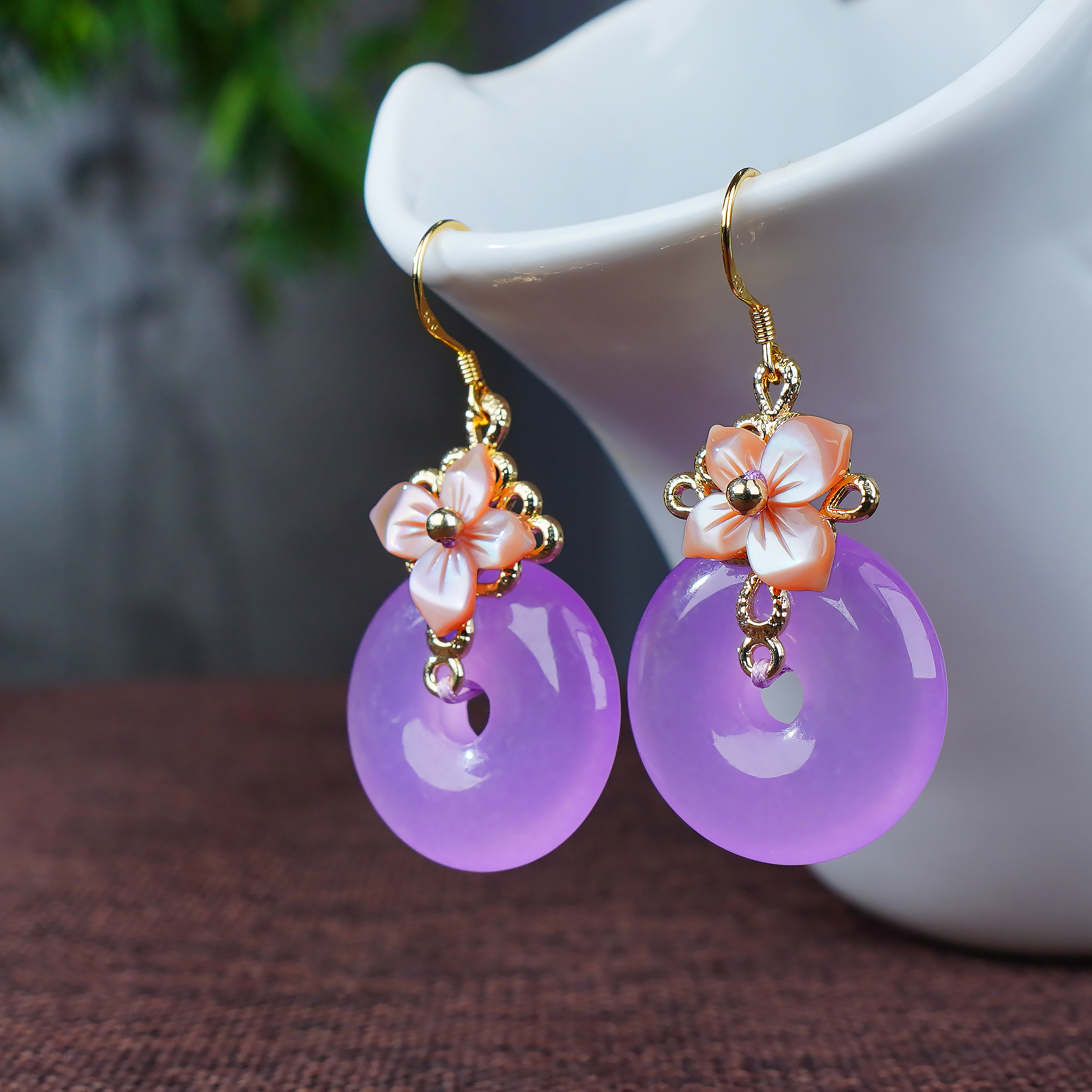 耳环平安扣耳坠女紫色耳饰旗袍配饰翡翠无耳洞玉石中式传统古风