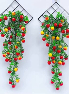 挂壁客厅摆放花墙壁发财果藤条吊篮墙上摆设吊兰植物装饰品仿真花