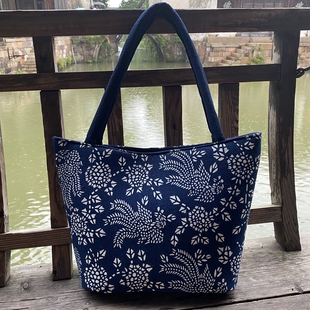 乌镇手工蜡染蓝印花布单肩背包手提包民族风印花布包休闲包妈妈包