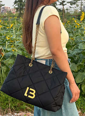 Bimba y lola新款茶金链条包 时尚尼龙单肩托特包女 大容量购物袋