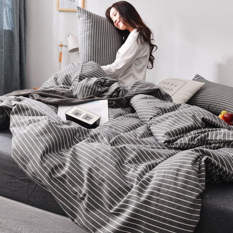 纯棉水洗棉床上四件套全棉裸睡床笠式条纹床单被套格子学生三件套