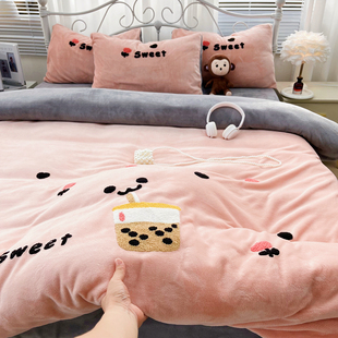 新款牛奶绒四件套加厚珊瑚绒被罩儿童房通可爱双面绒床单被套学生