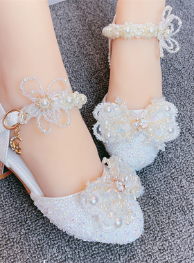 公主鞋女童水晶白色高跟鞋礼服夏季花童鞋儿童模特走秀比赛演出鞋