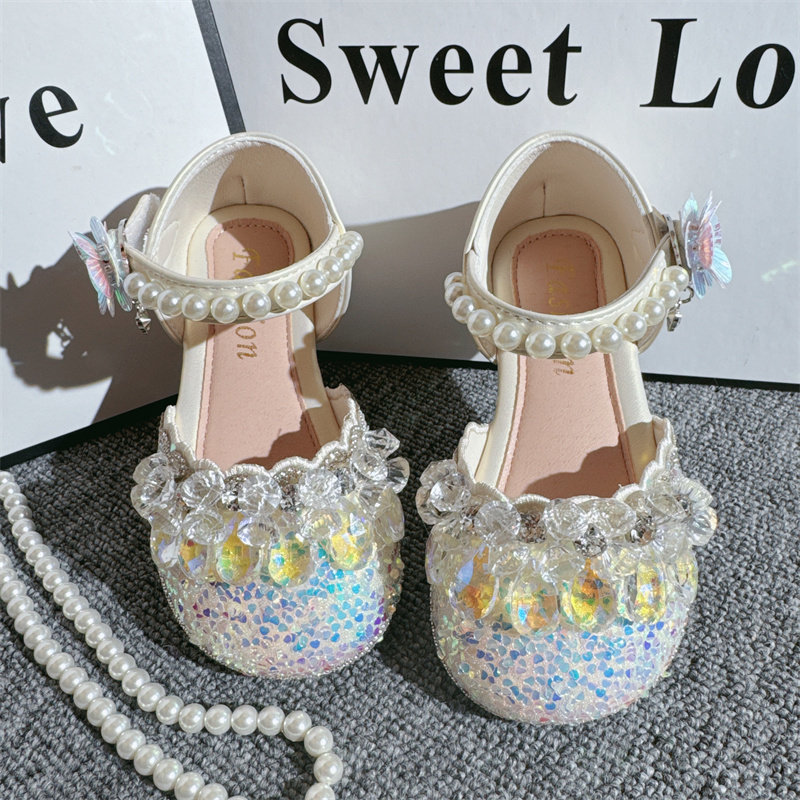 2026春夏新款女童包头半凉鞋水晶鞋幻彩吊坠水钻公主演出舞蹈单鞋