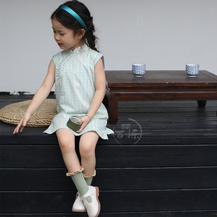 印花薄荷绿旗袍中国风汉服儿童小女孩周岁礼服连衣裙 2024女童夏款