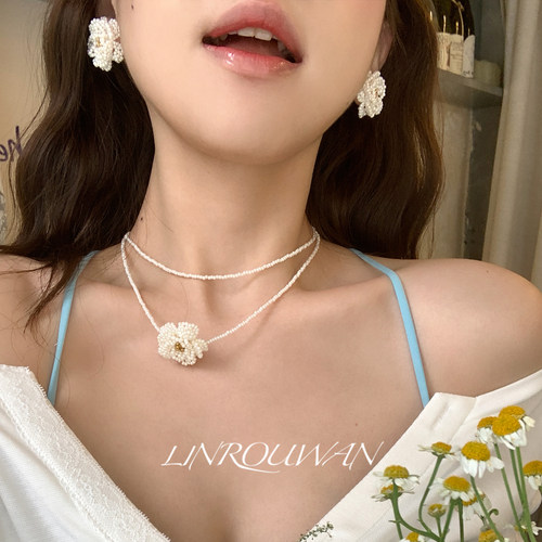 一朵山茶花耳钉女手工串珠花朵