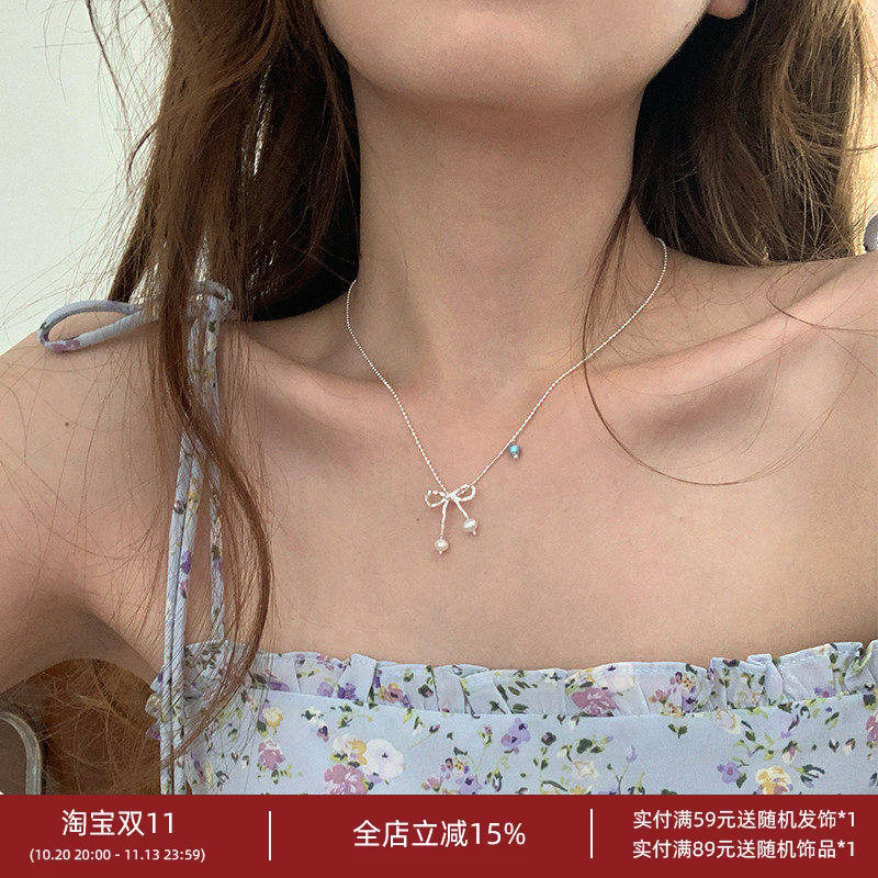 林肉完蝴蝶结碎银子珍珠项链甜美