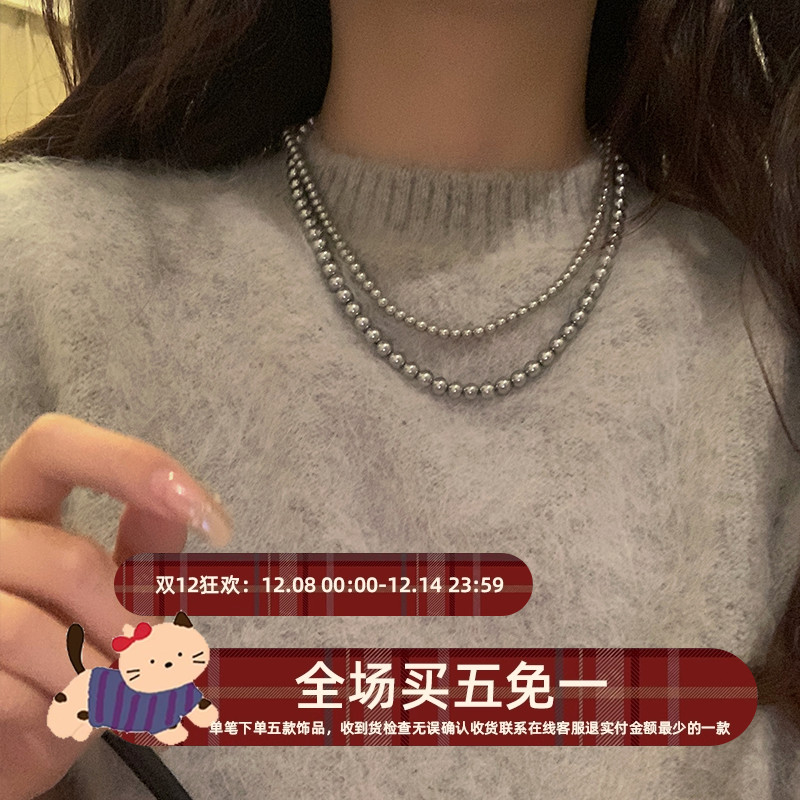法式复古灰珍珠项链叠戴毛衣链