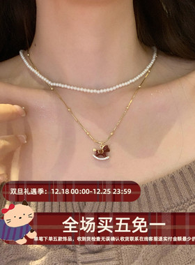 本命红色小马项链叠戴珍珠项链