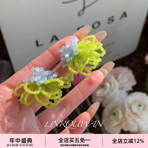 撞色串珠耳饰水晶手工耳钉