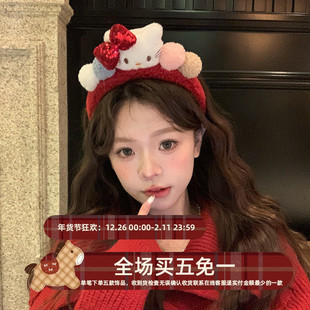 年味kt 红色蝴蝶结毛绒发夹女秋冬kitty猫发箍可爱洗脸头箍发卡
