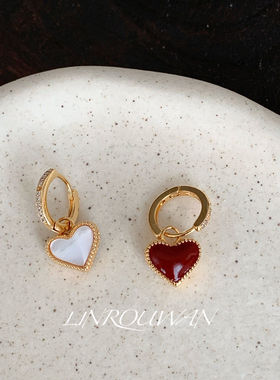 林肉完精致小巧双面红色滴油爱心母贝耳扣轻奢高级感耳饰百搭耳圈