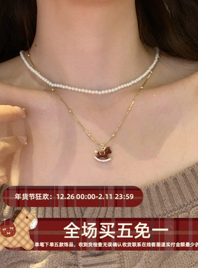 本命红色小马项链叠戴珍珠项链