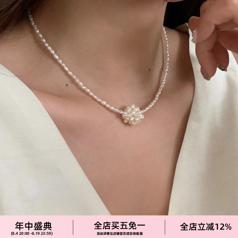 韩国淡水珍珠绣球925银花朵项链