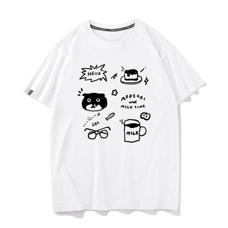 奶牛ins可爱简笔画铲猫猫宽松短袖T恤半袖上衣休闲内搭情侣装
